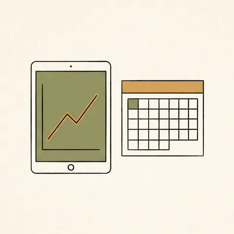 Yükselen çizgi grafikli tablet ve aylık takvim