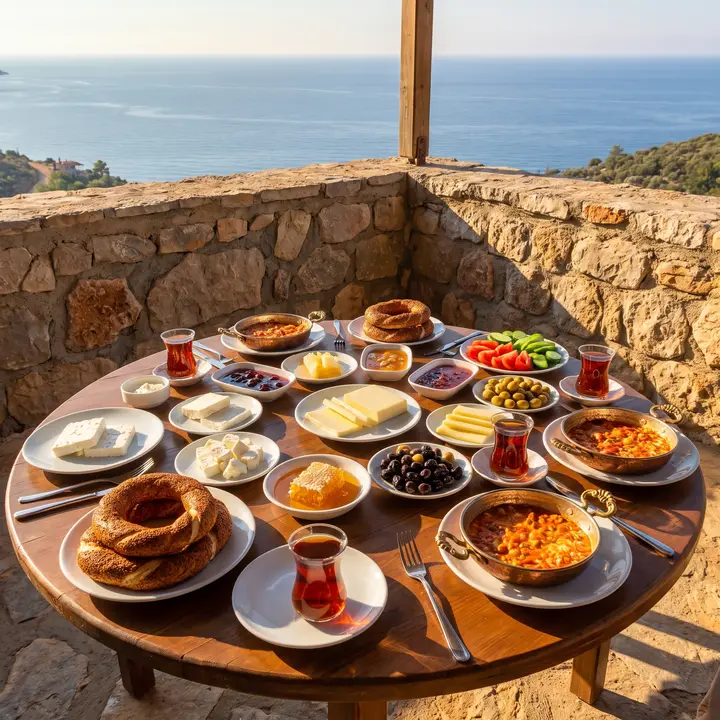 Denize bakan taş terasta yuvarlak masada kahvaltı: simit, beyaz peynir, zeytin, bal, menemen ve ince belli bardakta çay
