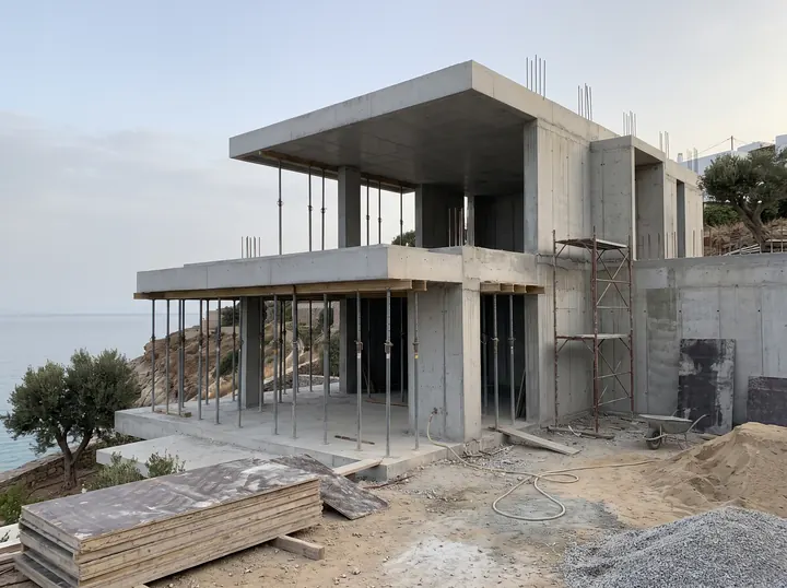 Kaba inşaatı biten iki katlı ev: çıplak betonarme iskelet, konsol döşemelerin altında sıra sıra çelik dikmeler, yanda iskele, önde kalıp tahtaları ve kum yığını; arkada deniz ve zeytin ağaçları.