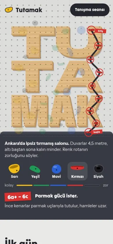 Tutamak Bouldering örnek sitesinin telefon görünümü