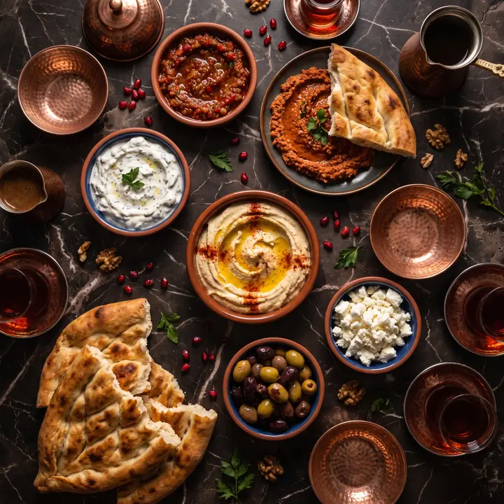 Koyu mermer masada bakır ve fayans kâselerde meze: haydari, humus, muhammara, ezme, zeytin, beyaz peynir ve sıcak pide