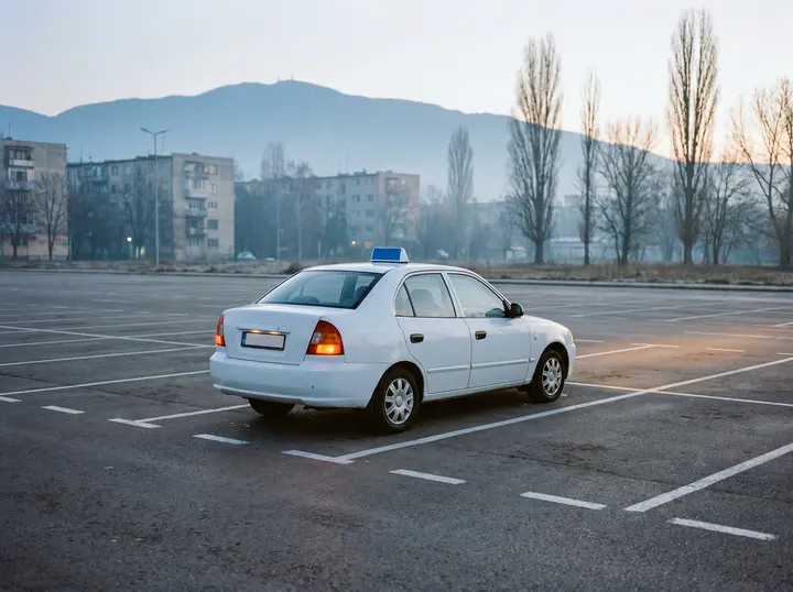 Şafak vakti boş bir otoparkta, kesik park çizgileri arasında duran beyaz eğitim aracı; tavanında mavi levha, arkada sise gömülü bir dağ.