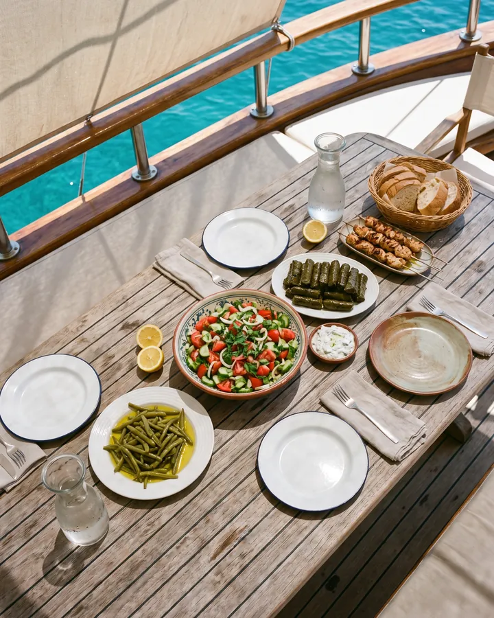 Teknenin gölgeli kıç güvertesinde kurulmuş sofra: çoban salatası, zeytinyağlı fasulye, yaprak sarma, haydari, tavuk şiş ve ekmek; arkada turkuaz deniz.